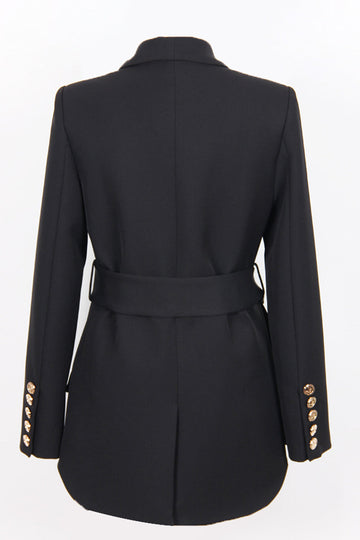 Svart sjal jakkeslag dobbeltspent lang dame blazer med belte